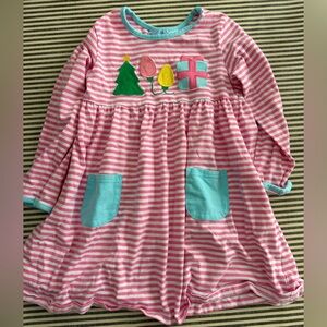 Girls Christmas Pink Striped Dress with Festive Patches